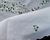 Embroidered Round Tablecloth. White and Green Floral Hand Embroidered Unused Vintage Linen Tablecloth with Scalloped Edging RBT4082