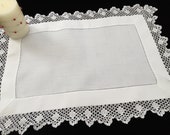 Antique Irish Linen and Lace Table Topper with Ajour Openwork Embroidery and Filet Crochet Edging EL0549