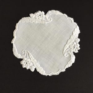 Antique Collectible Victorian/Early 19th Century Hand Embroidered 8&quot; Whitework Irish Linen Doily with Floral Design and Scalloped Edging