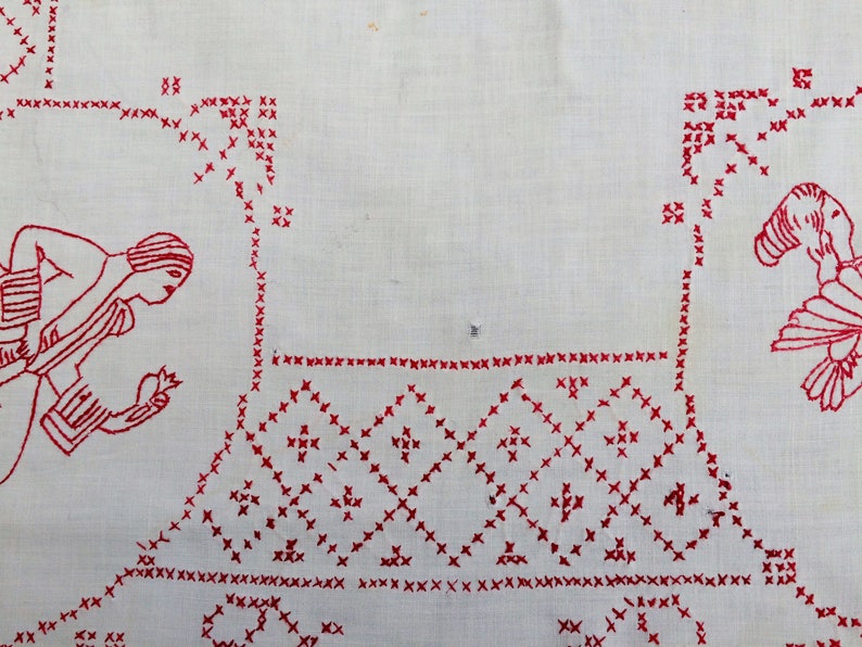 Antique European Tablecloth Red and White Square Embroidered Tablecloth RBT1893 Vintage Cross and Stem Stitch Embroidered Linen Tablecloth