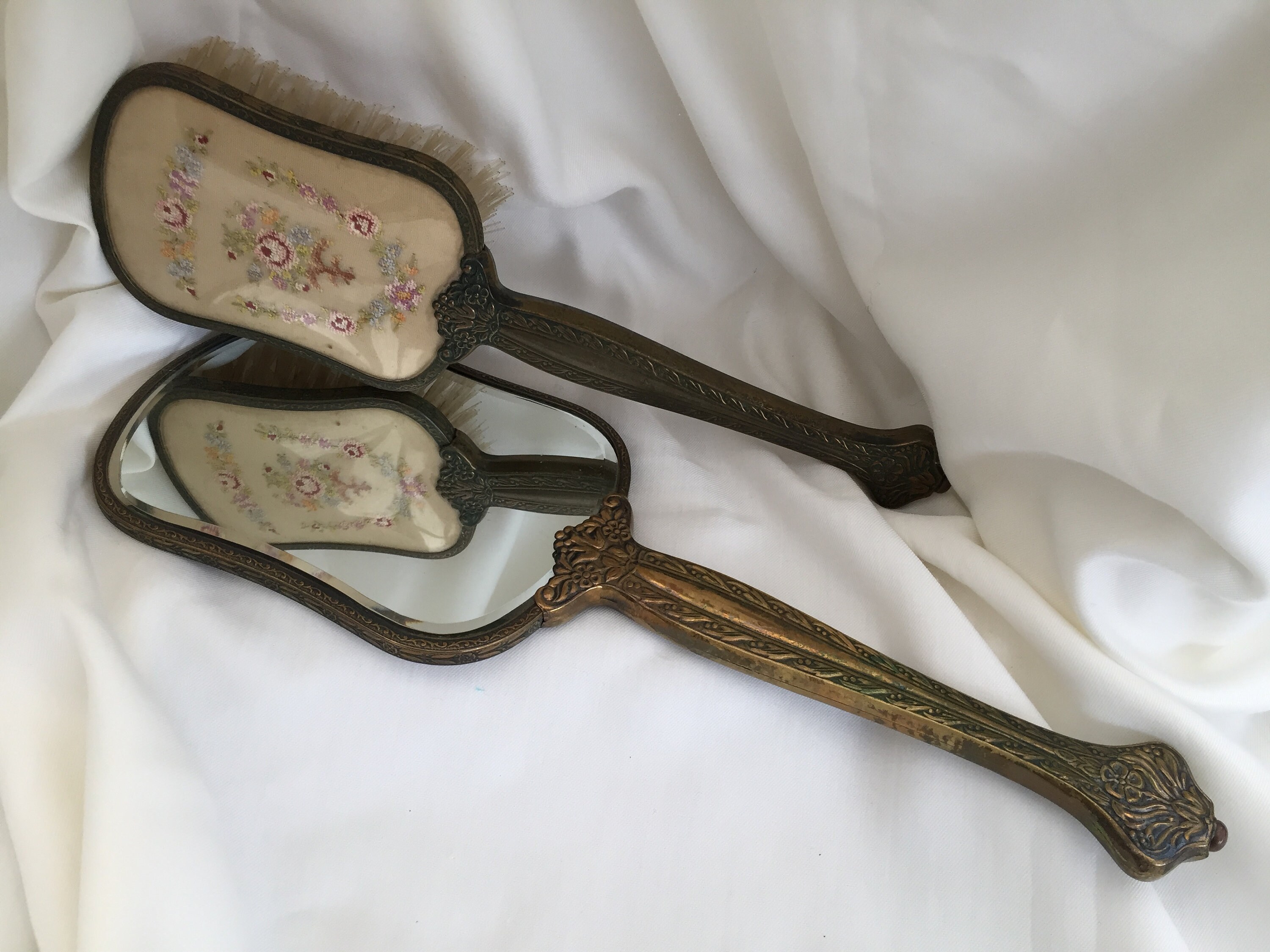 English Vintage Mirror and Brush Vanity Set with Petite Point Etsy
