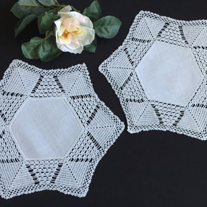 Pair of Edwardian Antique Handmade Linen and Crocheted Lace Whitework Doilies