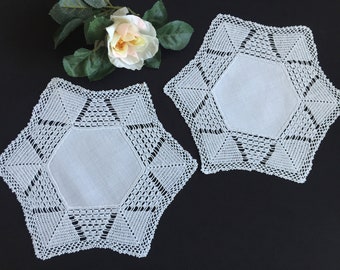 Pair of Edwardian Antique Handmade Linen and Crocheted Lace Whitework Doilies