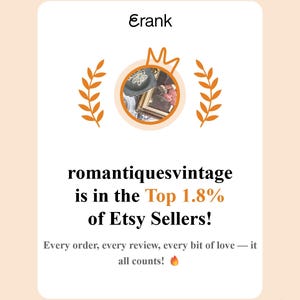 May include: A cream-colored graphic with the text "Erank" at the top, and "romantiquesvintage is in the Top 1.8% of Etsy Sellers!" below. The image includes a circular graphic with a crown and laurel leaves.