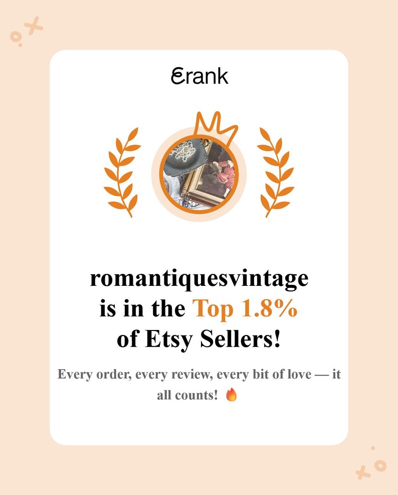May include: A cream-colored graphic with the text "Erank" at the top, and "romantiquesvintage is in the Top 1.8% of Etsy Sellers!" below. The image includes a circular graphic with a crown and laurel leaves.