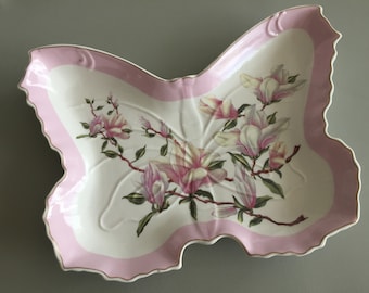 Vintage Butterfly Shaped Jewellery or Snack Tray with Magnolias Design - Fine Porcelain - No Mark