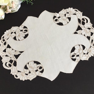 May include: Cream-coloured oval doily with a floral lace border. The doily features a central solid area surrounded by a detailed, openwork design of flowers and leaves. The lace border is in a lighter shade, creating a subtle contrast.