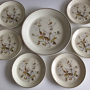May include: A set of seven cream-coloured ceramic plates with a floral design featuring brown branches and white blossoms. The set includes a large serving platter and six smaller plates.