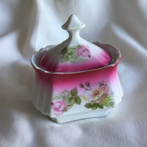 Puede incluir: Un pequeño azucarero de porcelana blanca con un diseño floral rosa y blanco. La tapa tiene una parte superior puntiaguda y está decorada con rosas.