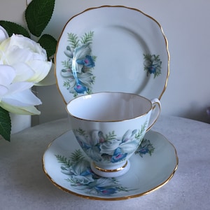 Ensemble 3 pièces de tasses à thé, soucoupe et assiette à dessert Colclough England vintage rare motif orchidée bleue