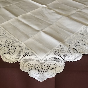 Antique Art Deco Style Irish Linen and Filet Crochet Lace Tablecloth with Seashell and Waves Design