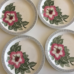 May include: Four white ceramic plates with a floral design. Each plate features a pink and white hibiscus flower with green leaves. The plates have a grey patterned border.
