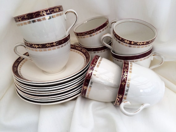 Red Burgundy, Gold and Black Porcelain Coffee or Tea Cups, Set of 3, 1967  For Sale at 1stDibs