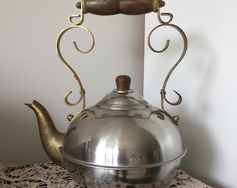 Vintage Toddy Kettle Teapot with Wooden Handle Stainless Steel | Brass