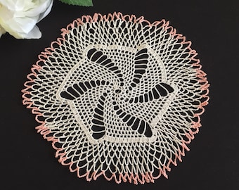 Handmade Vintage Crochet Lace Cotton Doily with Pink Edging