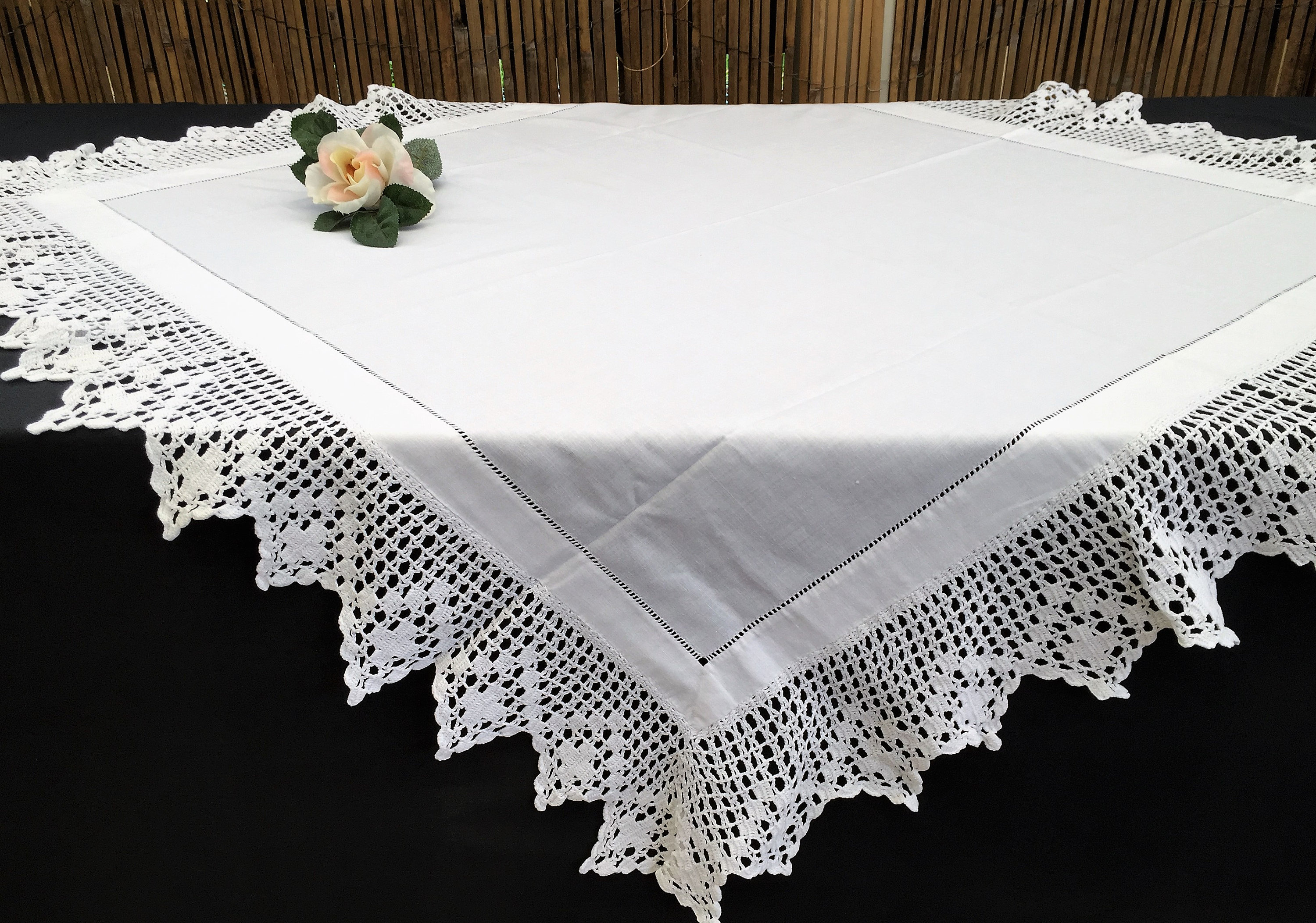 Vintage Embroidered Irish Linen Tablecloth With Filet Crochet