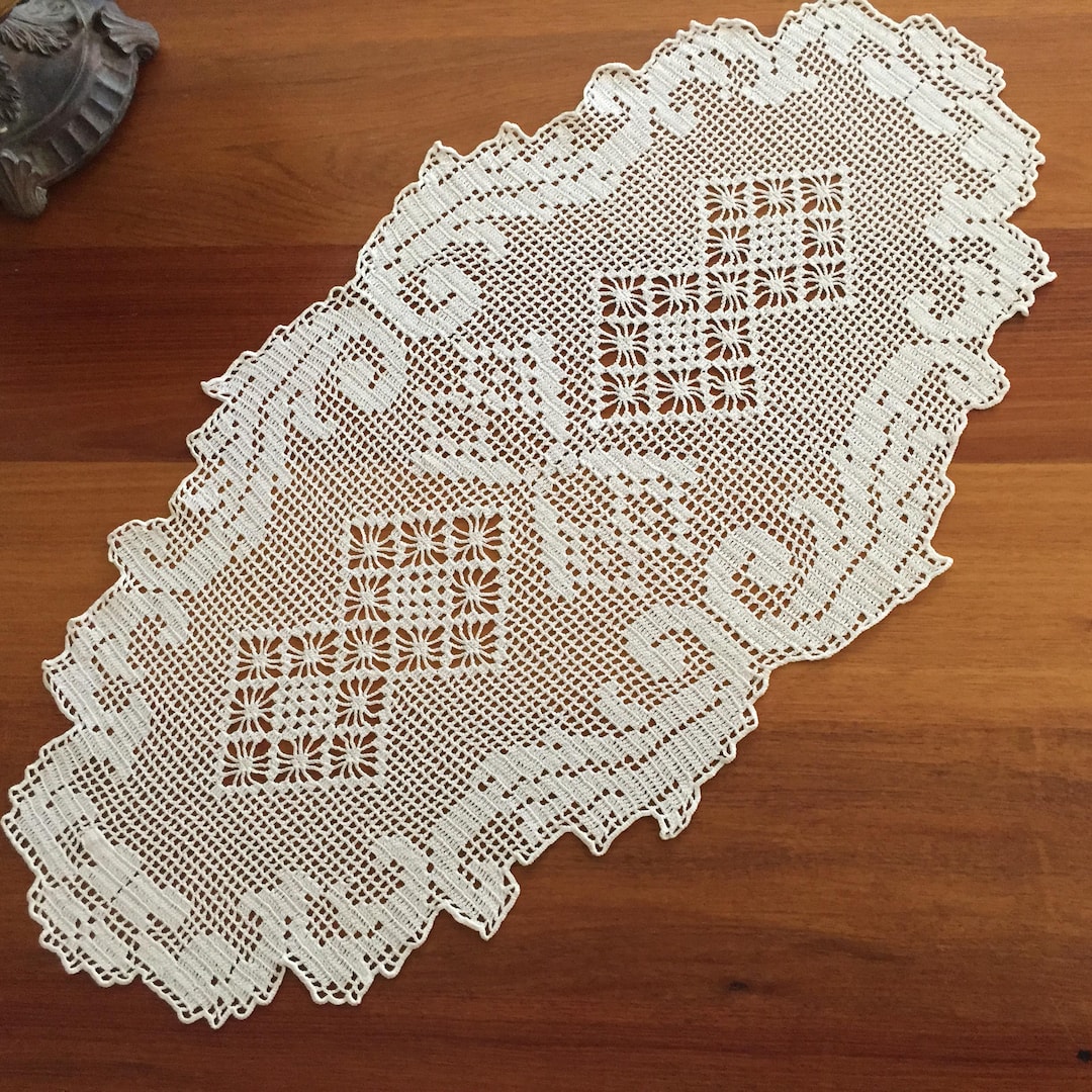 Large Crocheted White Cotton Filet Lace Table Centrepiece Doily | Table ...