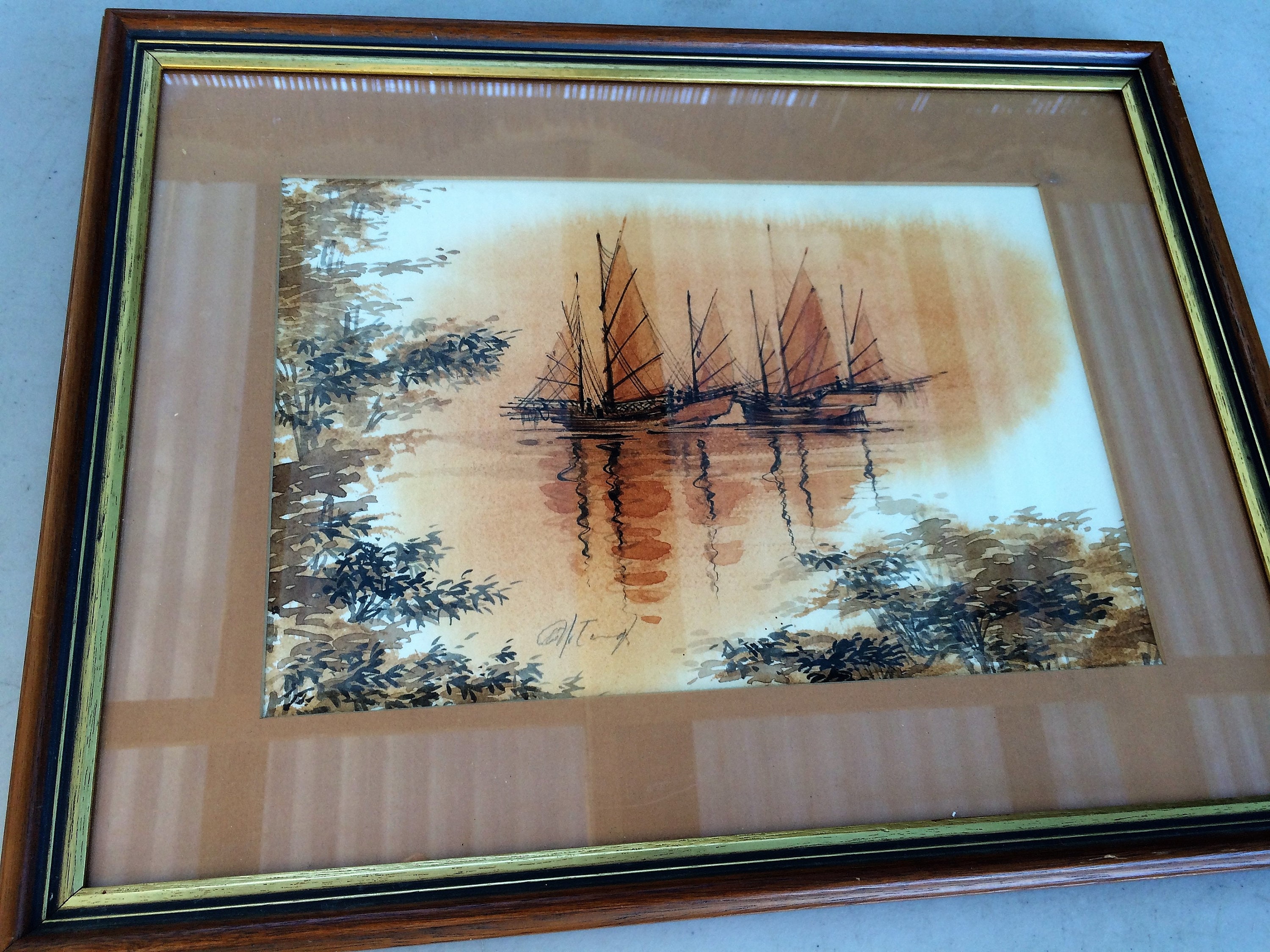 ヴィンテージ 油彩画 ジャンク船 夕景 海景画 ヴィンテージ風景画の水彩画。東南アジアの海景と中国のジャンク船の