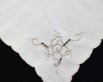 Vintage Off-White Linen Handkerchief or Napkin with Madeira Cutwork Embroidery in Ecru Colour