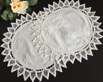 Vintage Hand Embroidered Doily Pair with Battenburg Lace