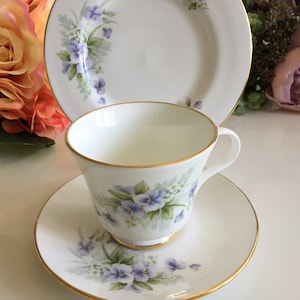 Vintage Crown Trent 3 Piece Fine Bone China Demitasse Set Made in England with Pansies Floral Pattern Cottagecore Farmhouse Kitchen Decor