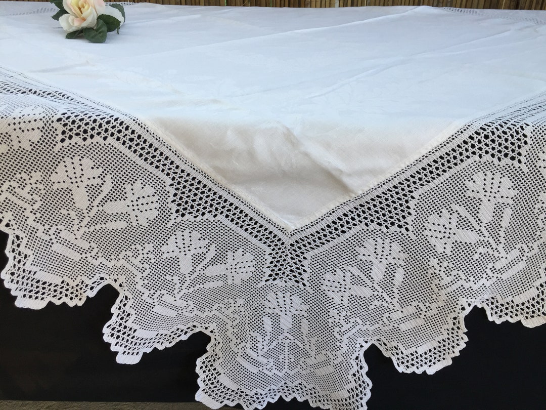 Vintage Irish Lace and Damask Tablecloth With Carnations on Deep Filet