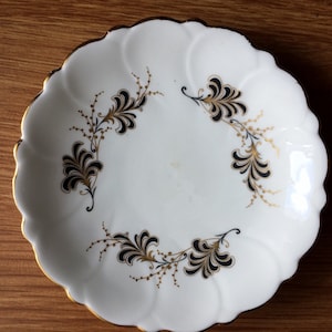 Royal Adderley Floral Bone China Ring, Soap, Pin or Butter/Jam Dish. Black and Gold Floral Design, Scalloped Edge