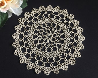 Vintage Tatted Lace Doily Handmade in Natural Ecru Beige