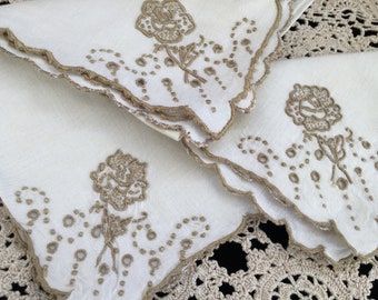 A Set of Edwardian Antique Hand Embroidered Broderie Anglaise Off-white and Taupe Linen Coctail Napkins with Scalloped Edging