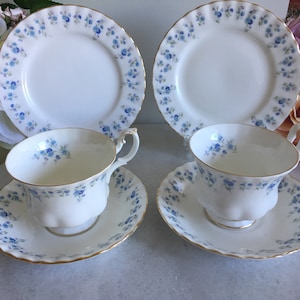 Tea for Two Rare 1970s Vintage Royal Albert Memory Lane Pattern Bone China Teacup, Saucer and Dessert Plate Demitasse Sets