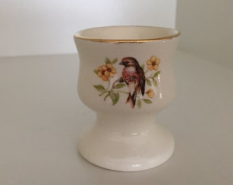 Vintage Retro Ceramic Egg Cup with Bird Pattern and Gold Band