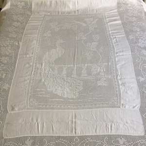 Vintage Lace and Linen Bed Cover with Mary Card Designed Filet Crochet Inlay &quot;Peacock and Grape&quot; Chart No 3