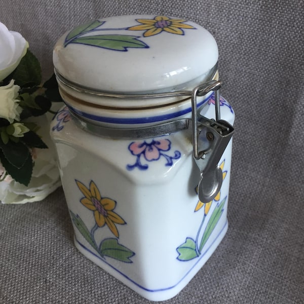 Japanese Vintage Ceramic Tea Canister with Yellow Floral Pattern