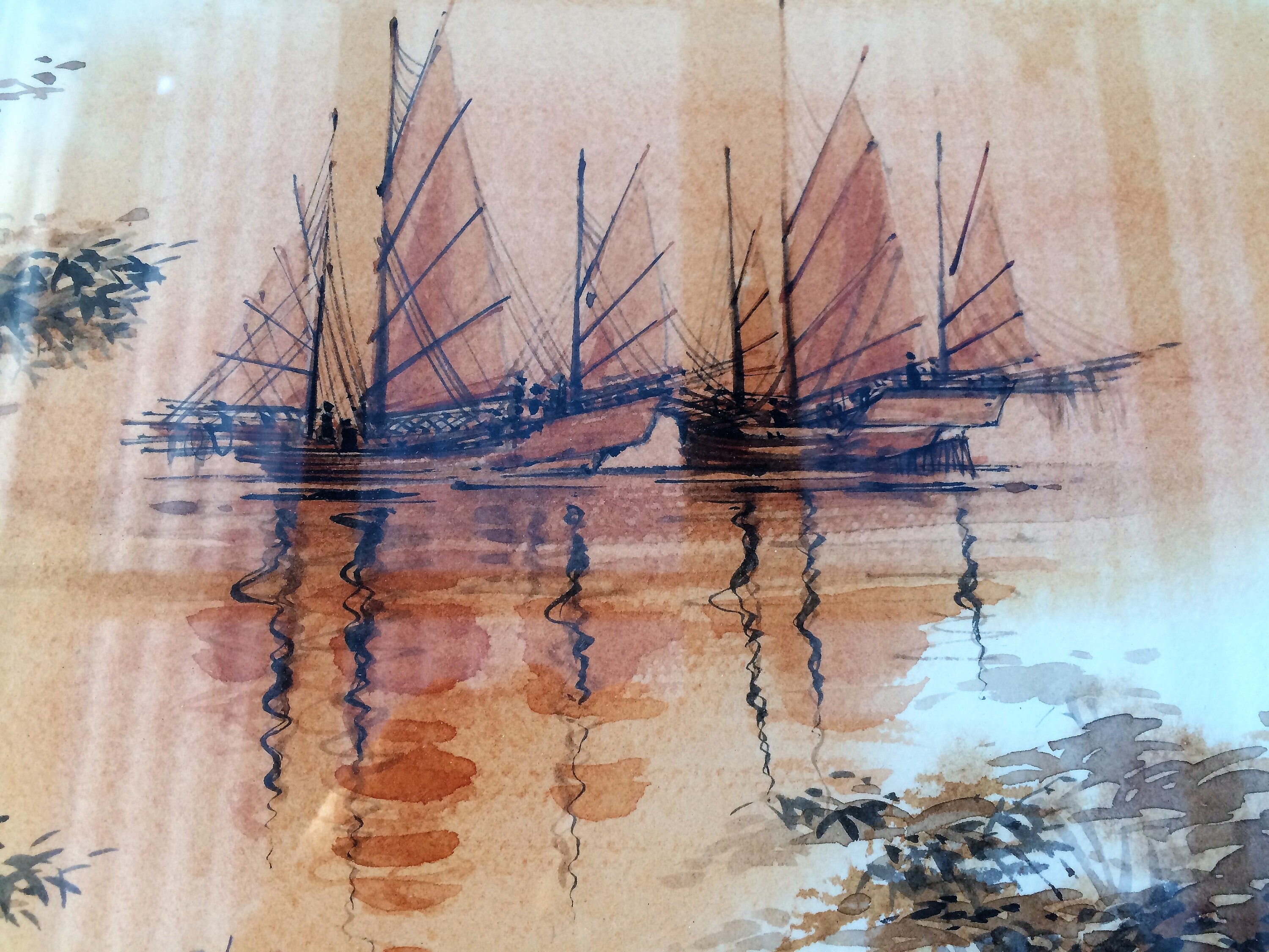 ヴィンテージ 油彩画 ジャンク船 夕景 海景画 ヴィンテージ風景画の水彩画。東南アジアの海景と中国のジャンク船の
