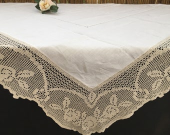 Vintage Irish Linen Tablecloth with Crochet Lace Edging