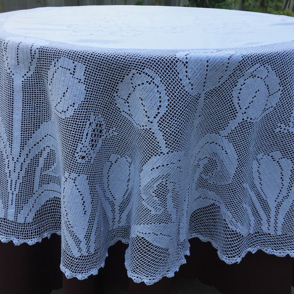 Mary Card "SPRING SONG" Crochet Lace and Linen Vintage Tablecloth Weldon's Practical Needlework (cca 1930s)