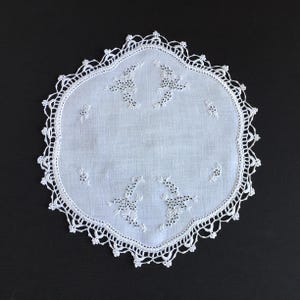 Antique Collectible Victorian/Early 19th Century Hand Embroidered 9&quot; Whitework Irish Linen Doily with Crocheted Edging