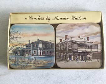 Vintage Set of 6 Maurice Hudson Cork Coasters in Original Box