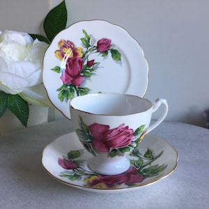 Ensemble vintage 3 pièces de tasses à thé, soucoupes et assiettes à dessert Roslyn England