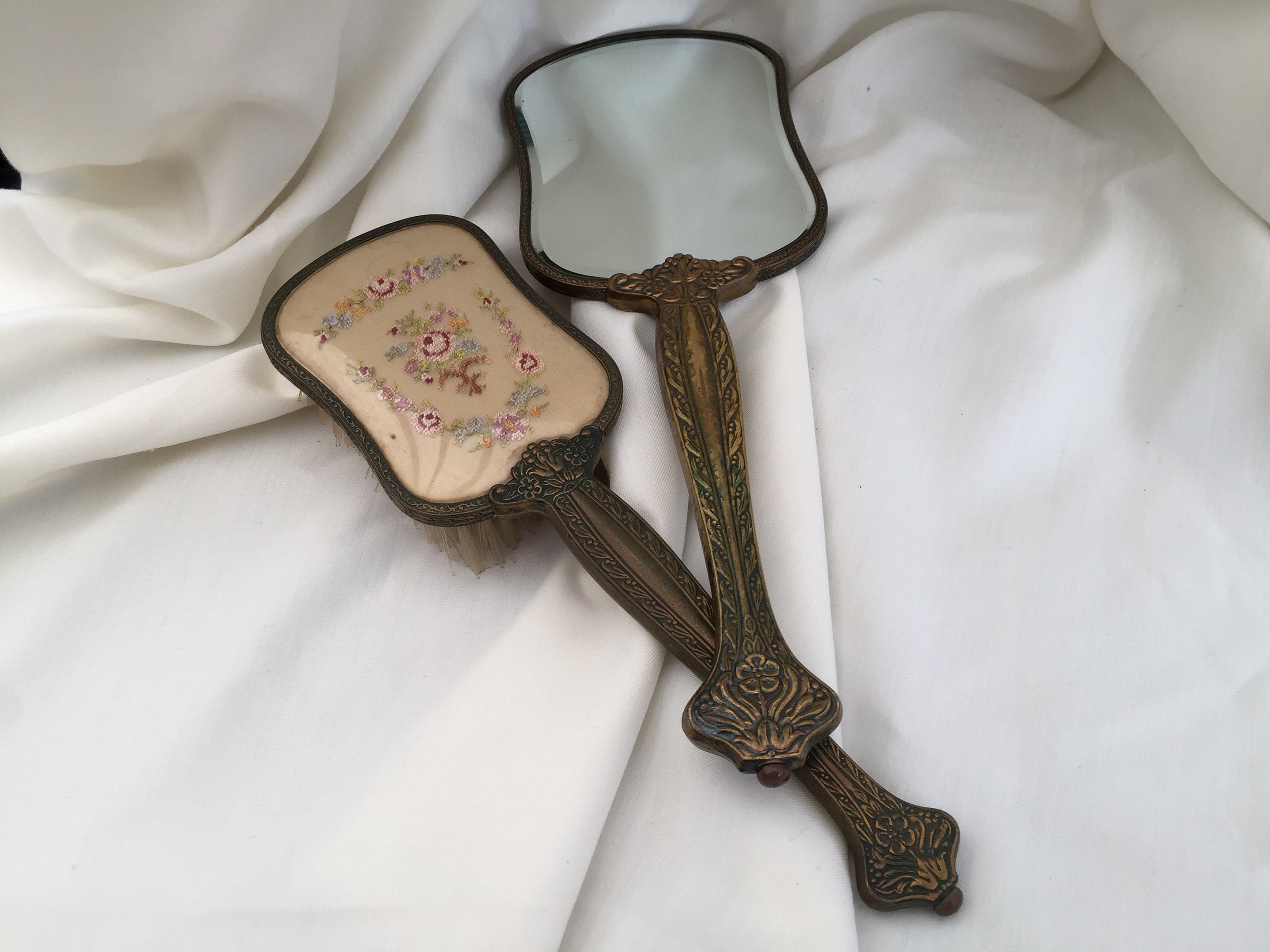 English Vintage Mirror and Brush Vanity Set with Petite Point Etsy