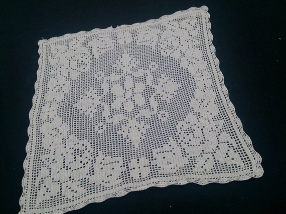 1950s hand done mid century large square doily vintage hand made crochet lace Set of four white crochet runner and doilies farmhouse