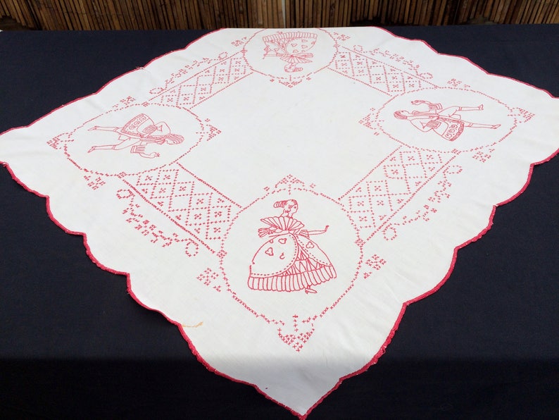 Antique European Tablecloth Red and White Square Embroidered Tablecloth RBT1893 Vintage Cross and Stem Stitch Embroidered Linen Tablecloth