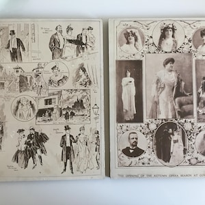 May include: Two rectangular vintage prints featuring black and white illustrations and photographs. The left print displays various sketches of people in formal attire and architectural scenes. The right print shows portraits and full-body photos of opera performers with the text, The Opening of the Autumn Opera Season at Covent Garden.