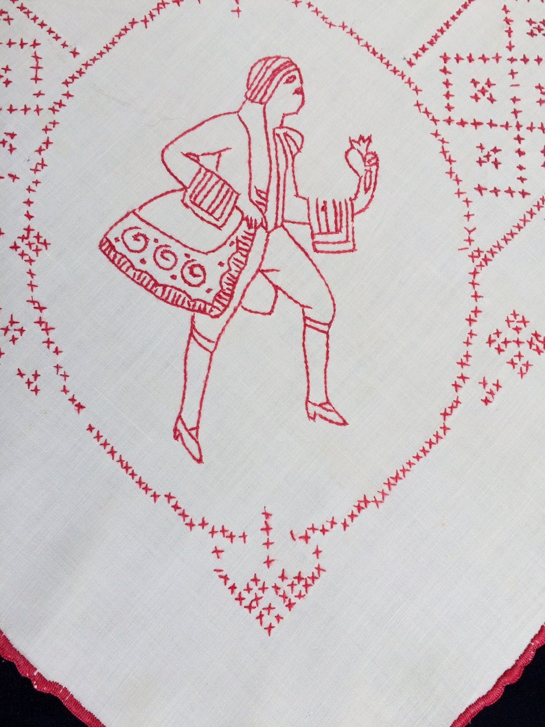 Antique European Tablecloth Red and White Square Embroidered Tablecloth RBT1893 Vintage Cross and Stem Stitch Embroidered Linen Tablecloth