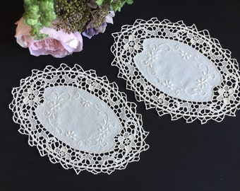 Vintage Handmade Oval Doily Pair with Embroidered Centre and Venetian Style Needle Lace