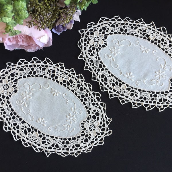 Vintage Handmade Oval Doily Pair with Embroidered Centre and Venetian Style Needle Lace