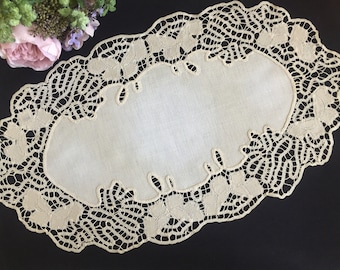 Large Vintage Handmade Bruges Belgian Tape Lace and Linen Table Centrepiece  Doily with Butterflies Pattern