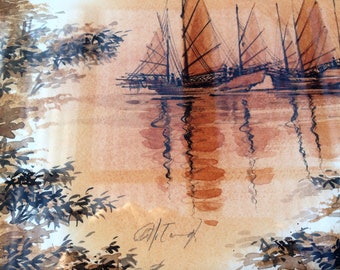 ヴィンテージ風景画の水彩画。東南アジアの海景と中国のジャンク船の