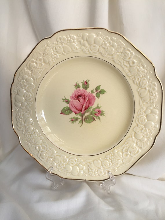 Meat Serving Plate 10.5 Inch Ashet Vintage Pretty Embossed Cream Crown Ducal Florentine Serving Plate with Pink Rose and Gilt Edging