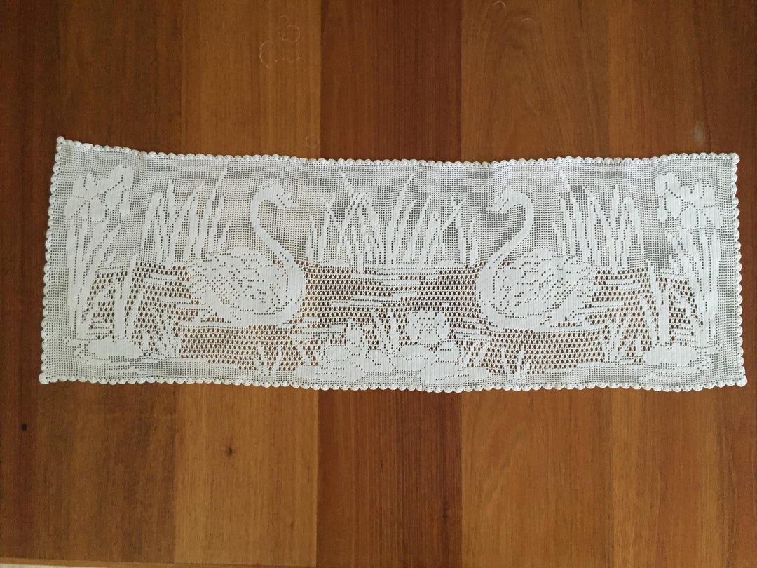 Vintage Filet Crochet Lace Curtain Panel, Optional Smaller Table Runner/sideboard Cover With Swans, Waterlilies and Irises - Etsy UK